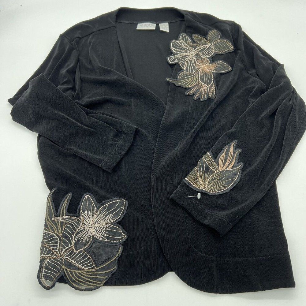 Chico's Black Open-Front Jacket with Beige Floral Appliqué